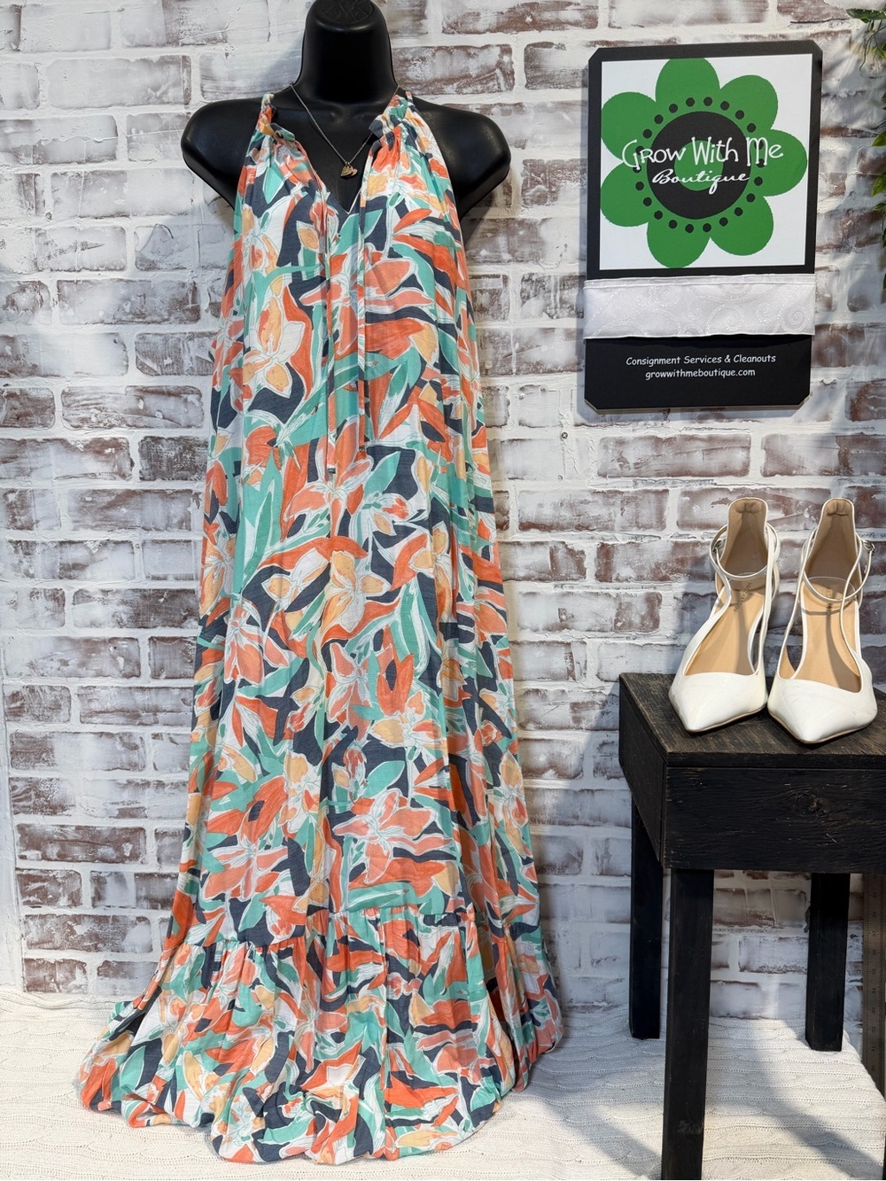 Nine West Coral, Teal & Cream Floral Halter Maxi Dress